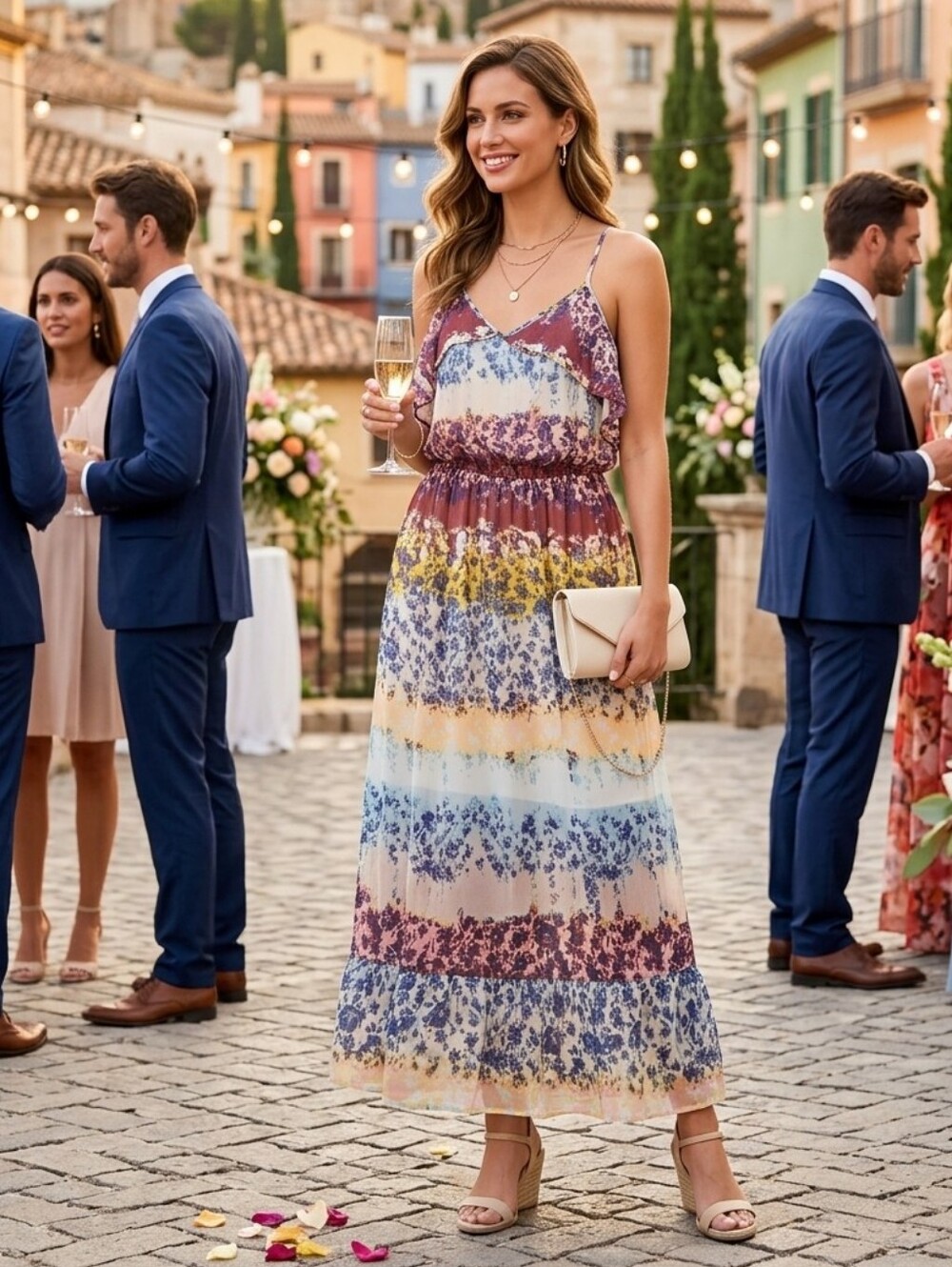 bebe Multicolor Striped Floral Tiered Maxi Dress